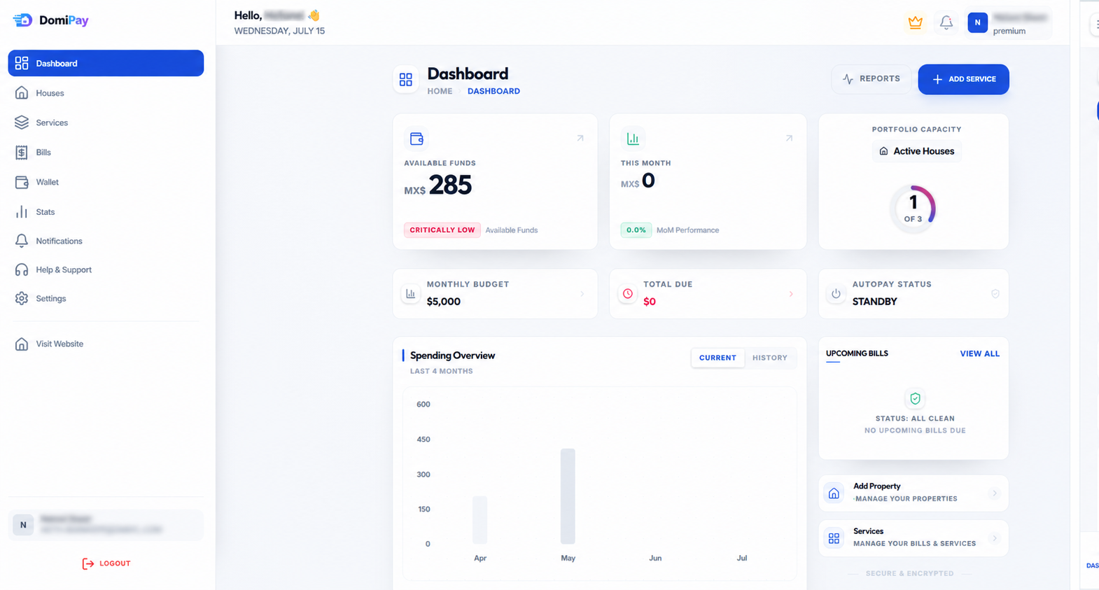 DomiPay Desktop Web Dashboard Interface with balance cards and payment calendar